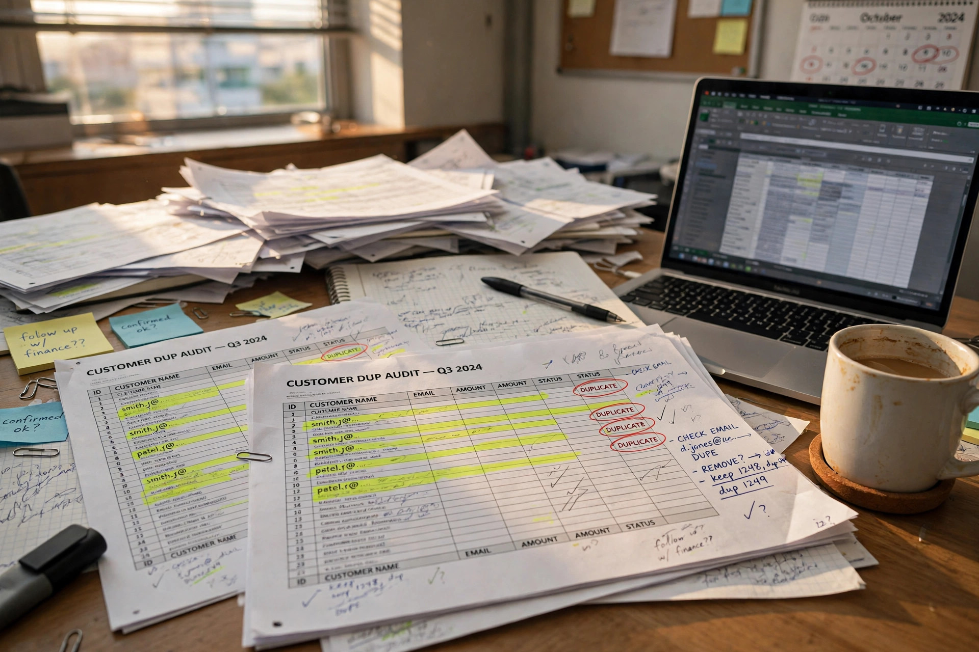Printed spreadsheet pages with pen annotations and a laptop beside them, mid-cleanup