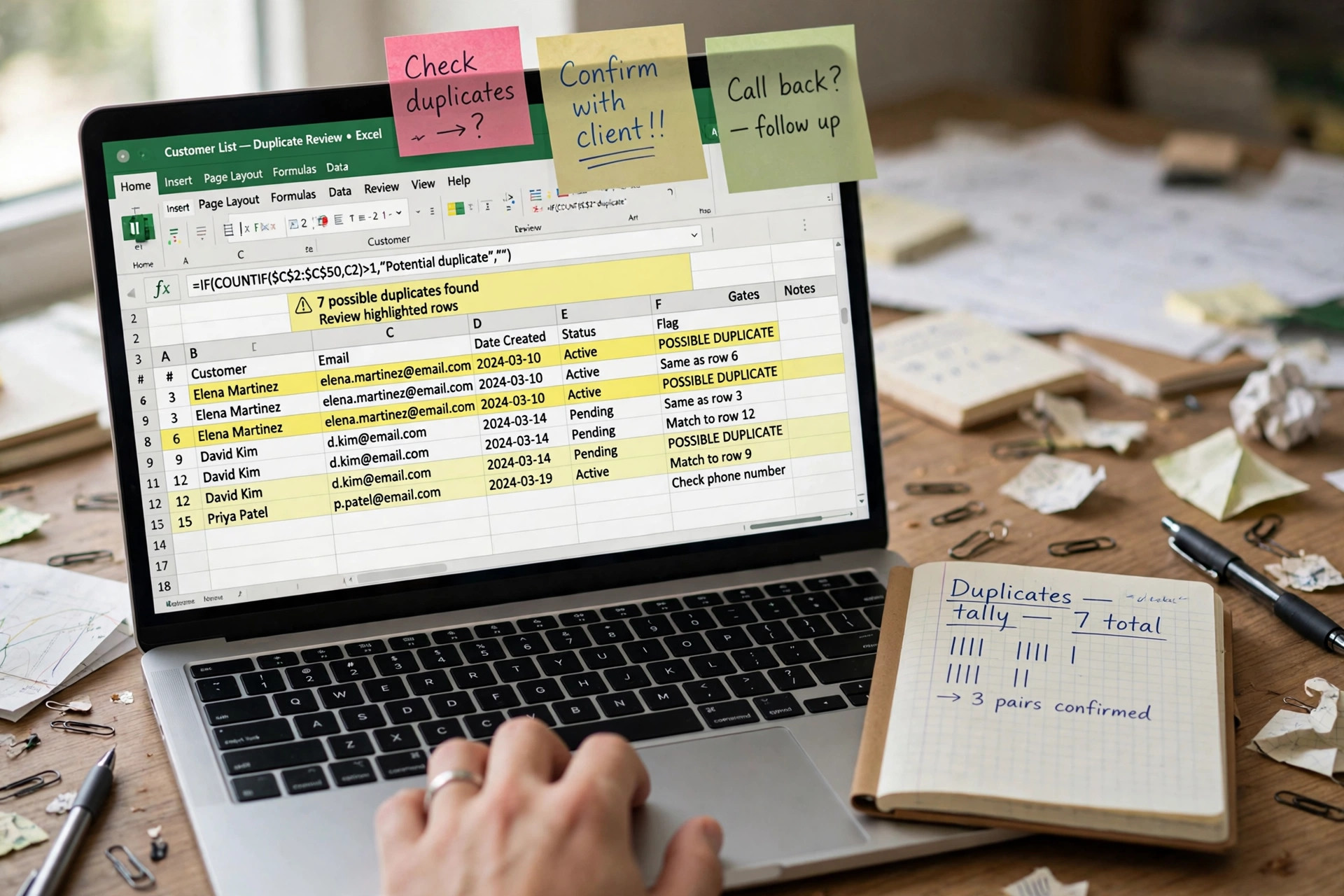 Close-up of a spreadsheet on screen with duplicate rows highlighted and sticky notes beside the laptop